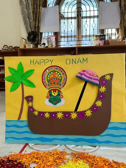 A close-up of our handmade Onam display, a centerpiece for our cultural lessons and celebrations.