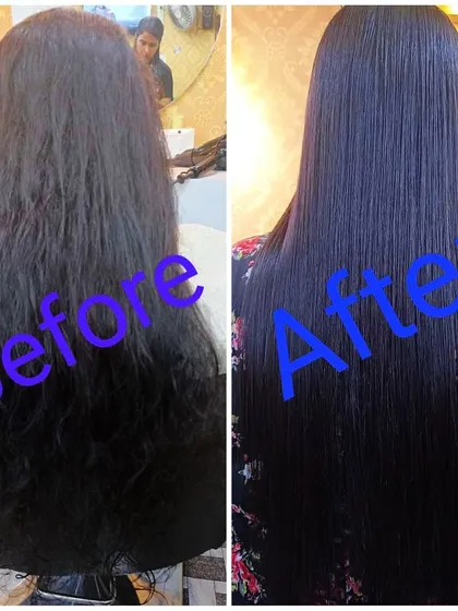 Here is a clear before and after of my L'Oréal smoothing and GK keratin treatment. On the left, you see the common struggle with frizz and dryness. On the right, the result is perfectly straight, healthy-looking, and shiny hair.