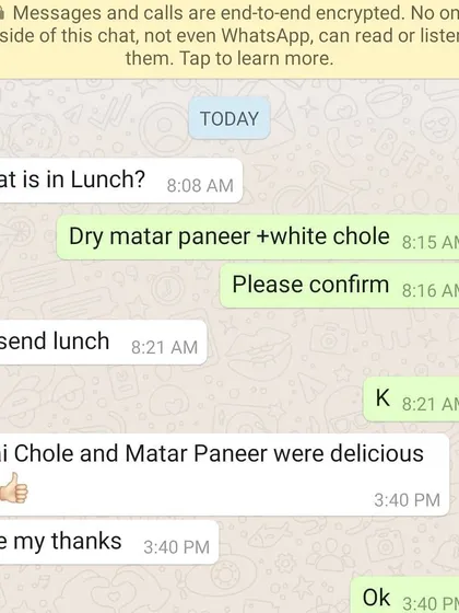 We love getting instant feedback from our customers on WhatsApp. A simple message like this after a meal makes our day and tells us we did a good job.