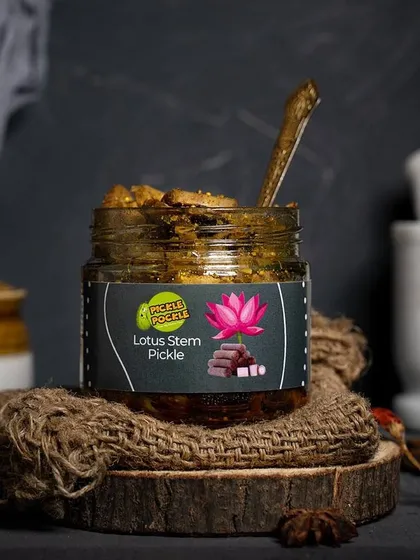 A professionally packaged jar of my unique Lotus Stem (Bhen) pickle. It has a wonderful crunchy texture and is a specialty you won't find in most stores.