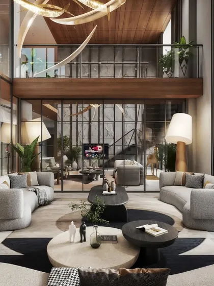 This double-height living space combines industrial-style windows with soft, contemporary furniture. Our visualization balances the grand scale of the room with a comfortable, lived-in feel, highlighting the two-story volume and natural light.