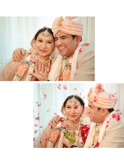 A collage of joy. The couple's embrace and the shower of rose petals capture the celebratory spirit of the moment they are pronounced husband and wife.