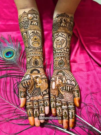 A complete bridal mehendi design featuring a beautiful bride portrait on one palm and traditional wedding symbols on the other. The peacock feather in the background adds a touch of royalty.