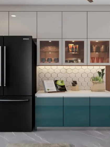 This render visualizes a compact kitchen and dining setup. The design features a two-tone cabinet system and a built-in look for the refrigerator, ensuring a cohesive and well-utilized space.