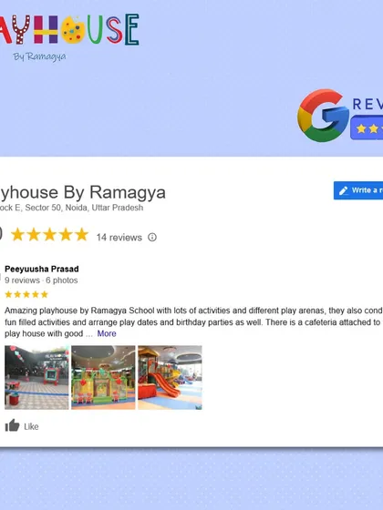 A 5-star Google review praising our "amazing playhouse" with lots of activities, play arenas, and fun-filled events.