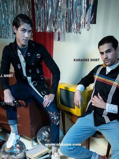 This shot from the Abkasa campaign has a cool, arcade-inspired theme. I styled the models in unique shirts with graphic details and classic denim.