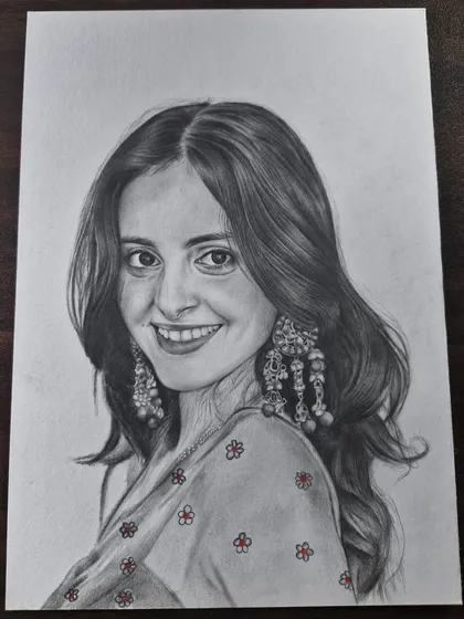This paid commission features a woman with a bright smile and elaborate earrings, with a subtle touch of color.