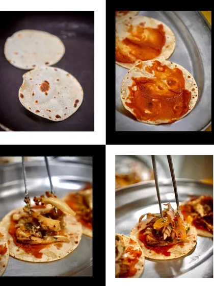 This collage captures the step-by-step process of our taco creation. From toasting the tortillas on the plancha to layering the sauce and adding the savory fillings, it tells the story of how each perfect taco is made.