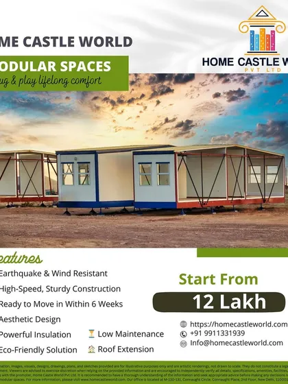 Our modular spaces, starting from 12 Lakh, are designed for lifelong comfort. This graphic details key features like earthquake resistance, high-speed construction, and eco-friendly solutions.