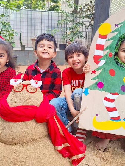 A collection of joyous moments from our Christmas party, including dancing, enjoying cupcakes, building a sand snowman, and posing for group photos.