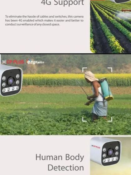 The CP Plus 3MP 4G camera (Model CP-V33GN) is designed for surveillance in areas without cables. Its 4G support and human body detection make it a reliable choice for monitoring open spaces like fields or remote properties.