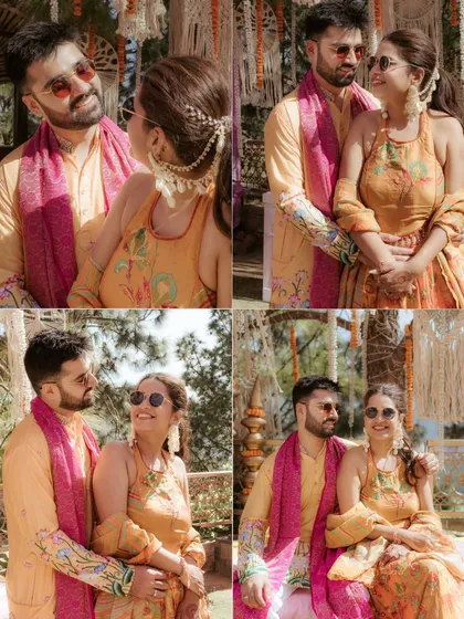 A collage of Jhalak and Aayush's Haldi in Kasauli, showing their cool and relaxed vibe with sunglasses on, enjoying the celebration as best friends turned life partners.