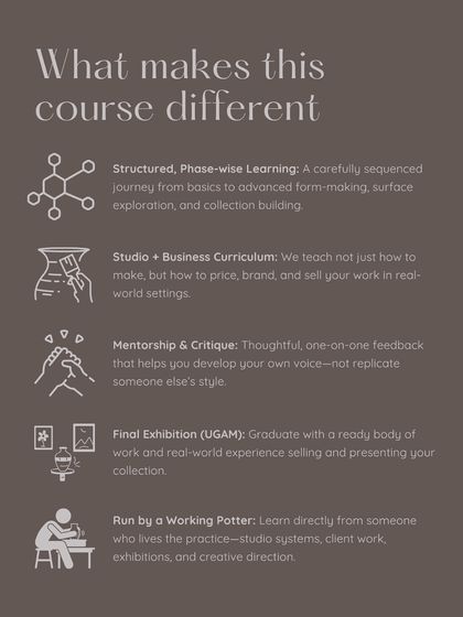 We focus on what makes our professional course different: a structured, phase wise learning journey that combines studio practice with a business curriculum, mentorship, and a final exhibition to launch your career.