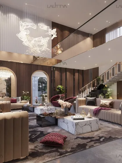 A wider view of the luxurious living room concept, showing how the space flows towards a grand piano and staircase. The design uses arched doorways and wood paneling to add architectural character, creating distinct zones within the open-plan layout.