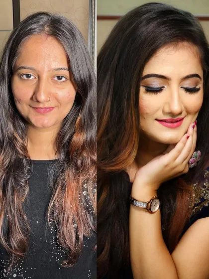 A before and after that highlights how I can transform a client's look while still ensuring she looks like herself.