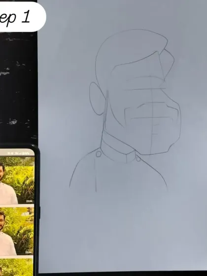 Step 1: The basic structural sketch. This is how I begin a portrait, using simple shapes to build the foundation of the face, as seen in this caricature of a priest.