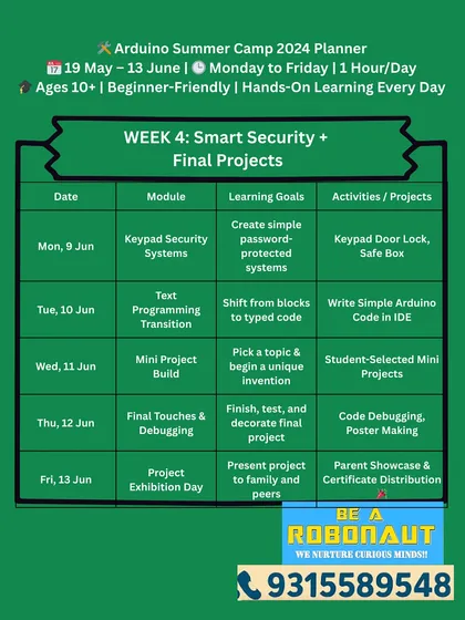Week 4 of our Arduino Summer Camp: "Smart Security & Final Projects." Students build keypad door locks, learn text-based coding, and present their final inventions.