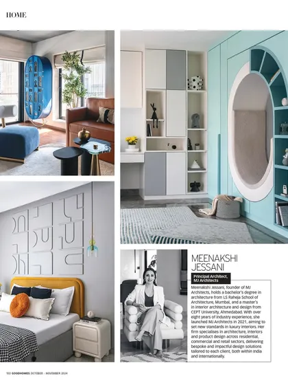 A spread from the Good Homes Magazine feature, showcasing the playful kids' room and a bold yellow bedroom from the Evelyn project, alongside a small feature on me.