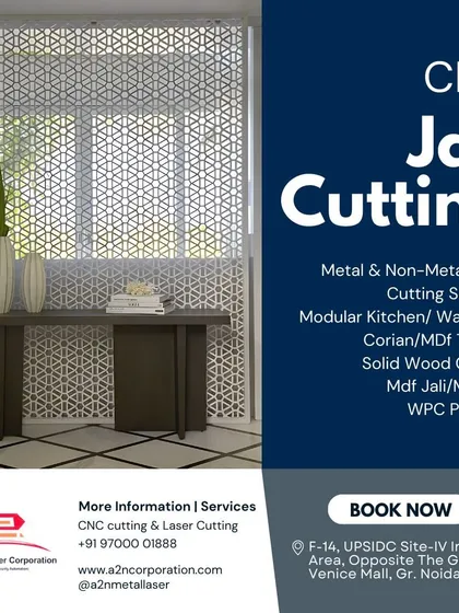 A CNC jali screen with a repeating triangular geometric pattern serves as an elegant window covering. It offers privacy and diffuses sunlight beautifully, casting intricate shadows while enhancing the room's modern decor.