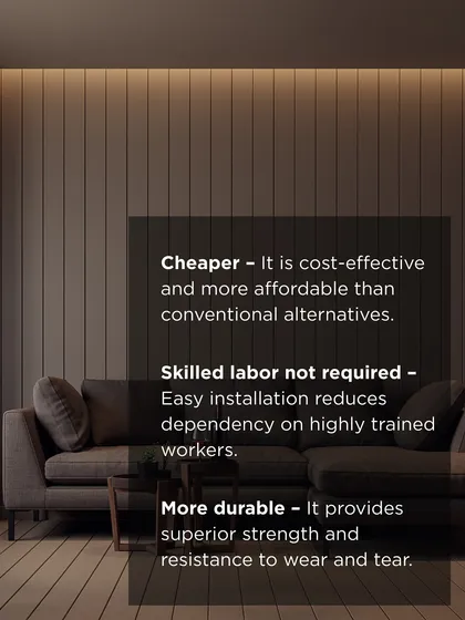 This graphic explains why we often choose prefabricated and sustainable materials. They are cost-effective, reduce dependency on highly skilled labor for installation, and offer superior durability and resistance to wear and tear.