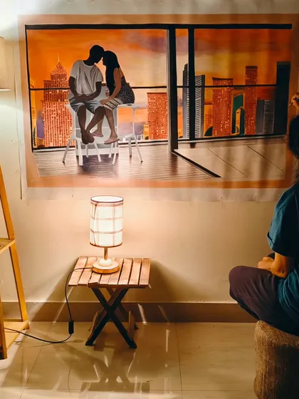 Here I am in my studio, working on the details of a large commissioned couple portrait. I often work on the floor for big canvases, getting completely absorbed in the process of bringing a client's vision to life, one brushstroke at a time.