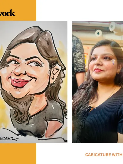 Capturing a vibrant personality at a WeWork live art event. This collage shows the guest and her colorful, expressive caricature.