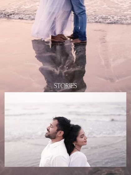 A collage showcasing different moods of love. From a dreamy reflection on a wet beach to a quiet moment back-to-back, this captures the versatility of a couple's connection.