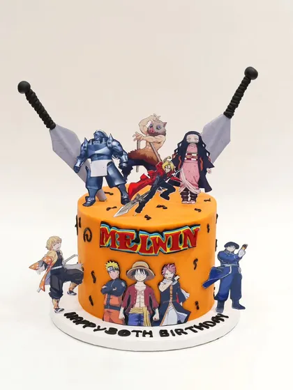 An action-packed cake for an anime lover, featuring characters from various popular series like Naruto and Demon Slayer.