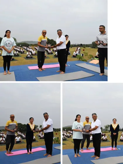 A collage showing moments of appreciation where I presented mementos to participants and guests during the International Yoga Day event.