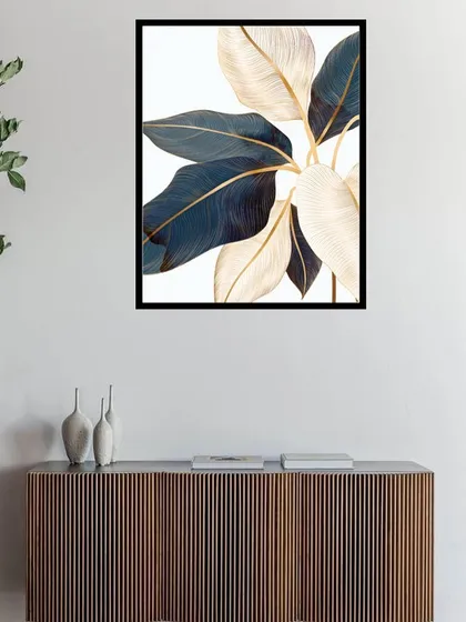 This single framed print showcases the elegant form of a banana crotonifolia leaf. The mix of deep blue and cream with golden veins makes it a sophisticated and stylish piece of botanical art.