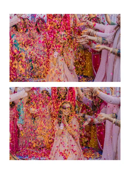 The sheer, unadulterated joy of a 'phoolon ki haldi'. We love capturing the energy of wedding celebrations, where friends and family come together to shower the couple in love and flower petals. This is a moment of pure, vibrant happiness.