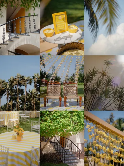 A mood board of the Haldi decor in Goa. From the yellow-striped tablecloths to the floral arrangements, every detail contributed to the sunny and cheerful theme.