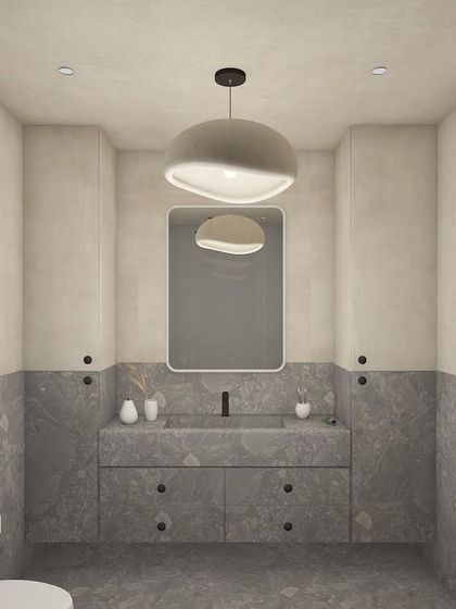A render of a bathroom for 'Steen House'. Here, we are exploring how to use natural grey stone for the vanity, floor, and wainscoting to create a monolithic and serene effect.
