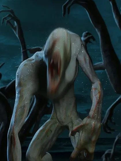 A close-up portrait of a 'Blind Demon'. The blurred motion on its face and the surrounding spectral hands create a chaotic and disorienting image of a creature from another dimension.