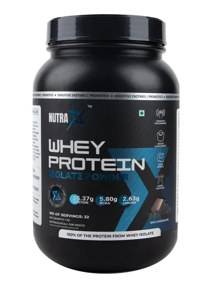 A clean shot of the rich chocolate flavor of NutraX Whey Protein Isolate.
