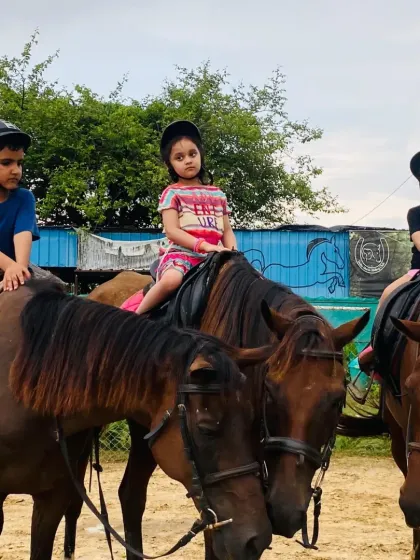 Three young riders on their horses, a perfect picture of a fun day out with friends at the riding club.