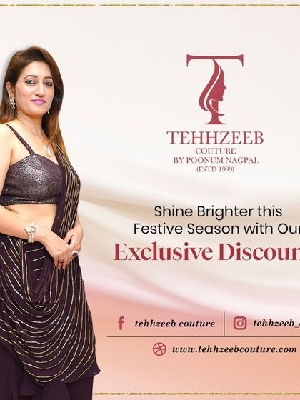 Shine brighter this festive season with our exclusive discounts. Here I am in a shimmering draped saree, a perfect example of our glamorous festive wear.