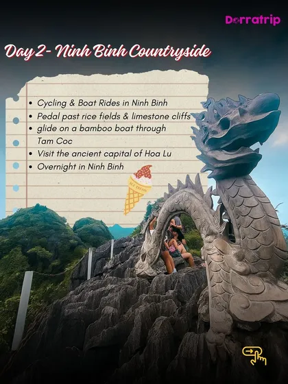 On Day 2, we explore the Ninh Binh countryside. You'll cycle past rice fields and limestone cliffs, and glide on a bamboo boat through the beautiful landscape of Tam Coc.