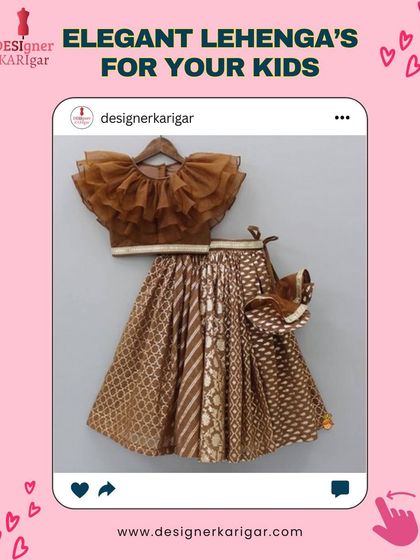 A brown brocade lehenga paired with a dramatic ruffled net top. This is a unique and fashionable ethnic outfit for a child.