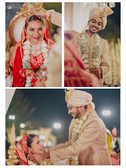 A collage of the Sindoor and Mangalsutra rituals, capturing the smiles and emotions of these significant wedding moments.