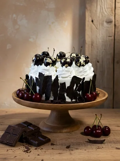 I believe classic flavors deserve a modern touch. This is my take on the Black Forest cake, featuring layers of moist eggless chocolate sponge, fresh cherry compote, and light whipped cream, finished with architectural dark chocolate shards and gold-leaf cherries for a sophisticated look.