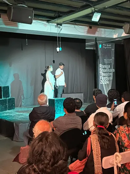 Another moment from "Punyakoti", performed in the intimate setting of the Ranga Shankara foyer.
