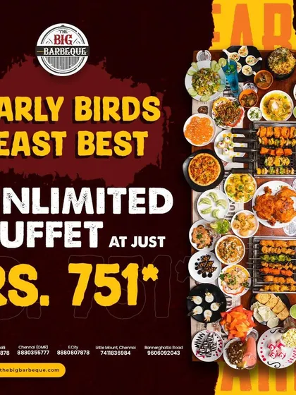 Early birds feast best. Beat the rush and enjoy our unlimited buffet for just ₹751 when you arrive between 6:30 PM and 7:00 PM, Wednesday to Sunday.