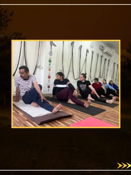 Another view of the class in Vakrasana, showing the gentle twist of the spine.