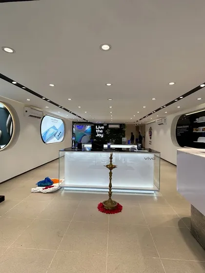 The interior of a newly completed Vivo store, ready for inauguration. The space is clean, well-lit, and all branding elements are in place.