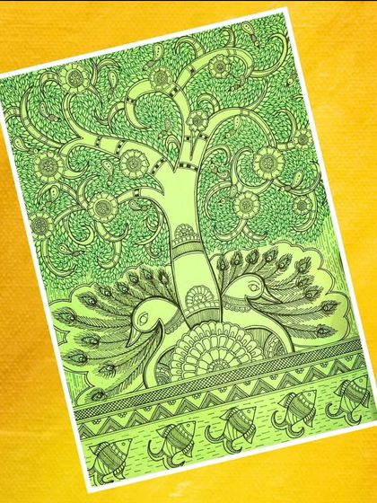 A green-toned Madhubani painting of two peacocks under the Tree of Life, demonstrating how a limited color palette can create a powerful effect.