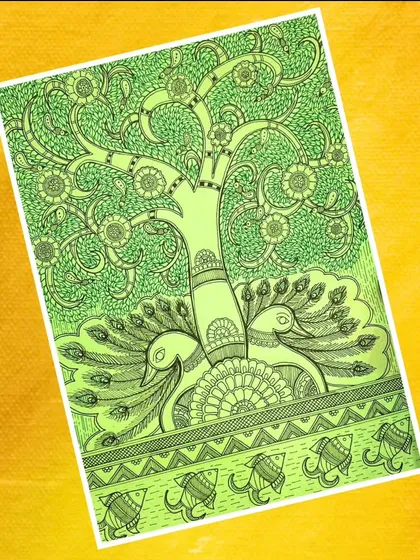 A Madhubani painting by Urvi Jain depicting the 'tree of life' with two peacocks at its base. The monochrome green color scheme gives this traditional artwork a unique and modern twist.