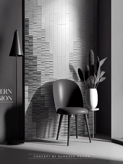 A modern illusion. This panel, conceived by Sumessh Menon, offers a contemporary turn on intricate designs. The grey hues and layered pieces blend concrete-like textures into subtle modern art.