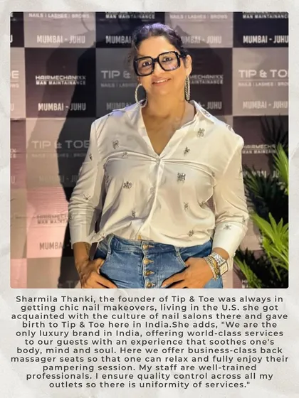 A message from our founder, Sharmila Thanki. Her vision was to bring world-class nail salon services to India, focusing on quality, hygiene, and a luxurious guest experience.