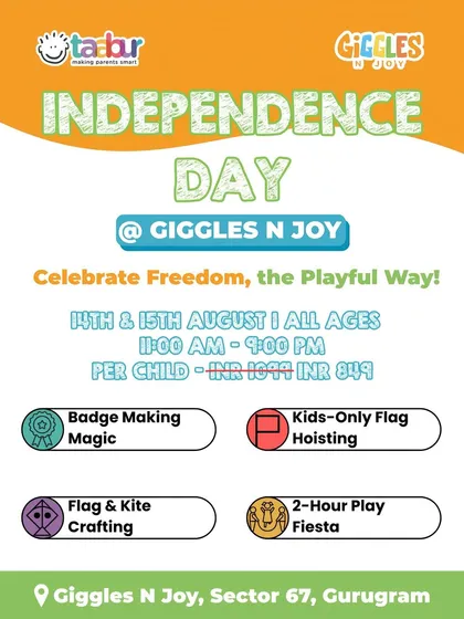 An Independence Day celebration at Giggles N Joy, with patriotic activities like badge making, flag hoisting, and kite crafting.